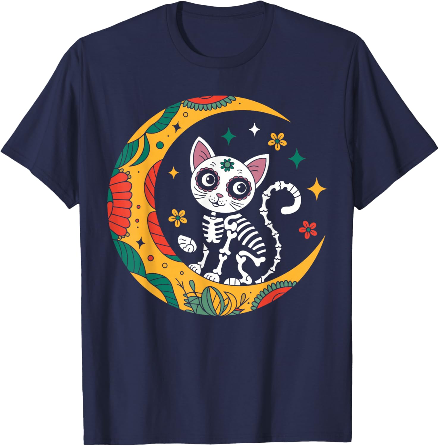 Cat And Moon Skull Dia De Los Muertos Day Of The Dead T-Shirt - T-Shirt | Navy
