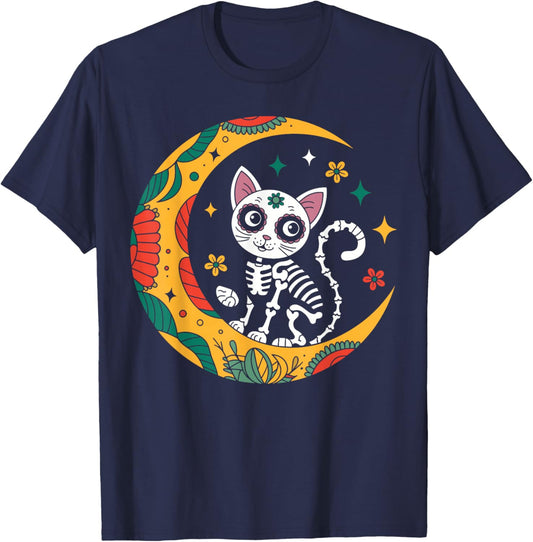 Cat And Moon Skull Dia De Los Muertos Day Of The Dead T-Shirt - T-Shirt | Navy