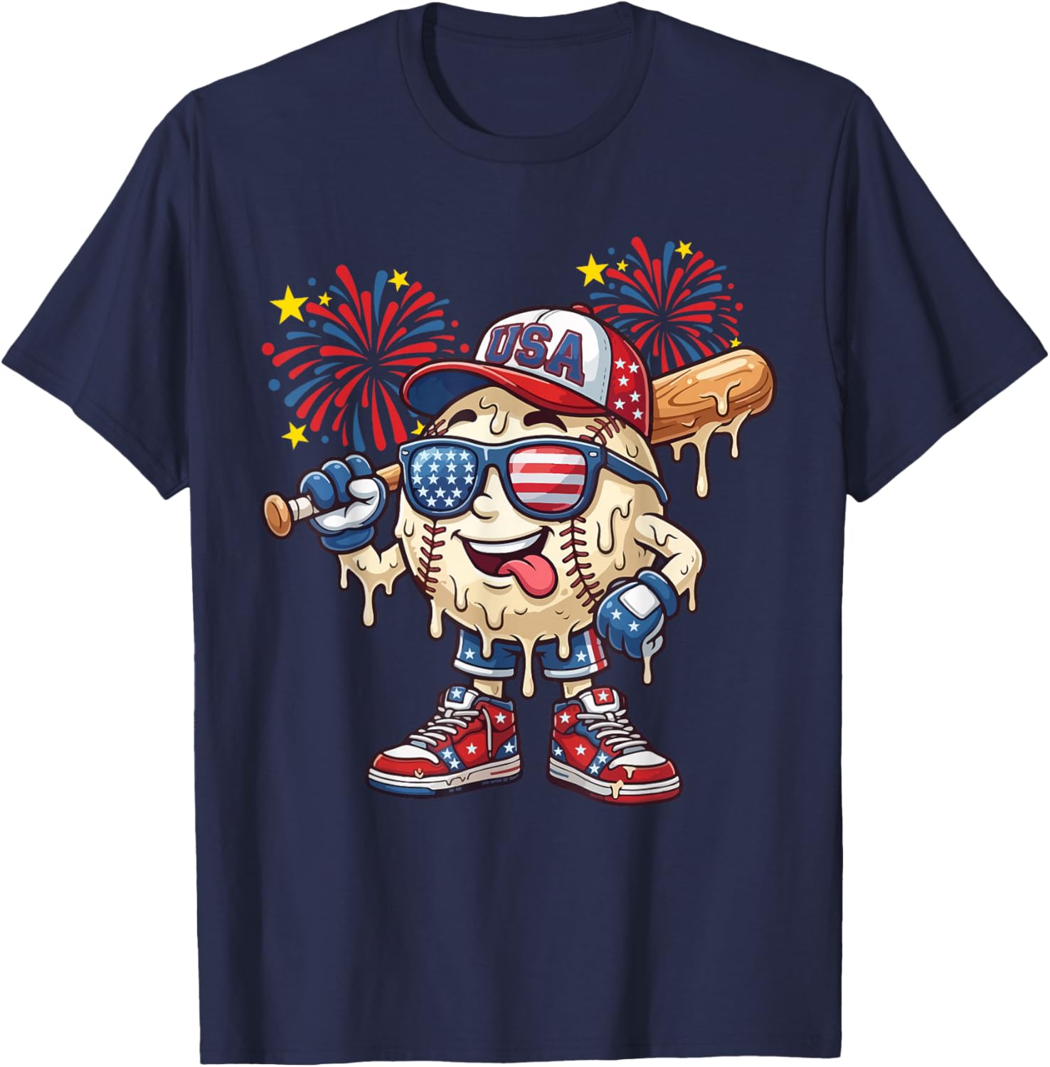 Baseball Drip American Flag for Boys Kids Youth 4th of July T-Shirt - T-Shirt | Navy