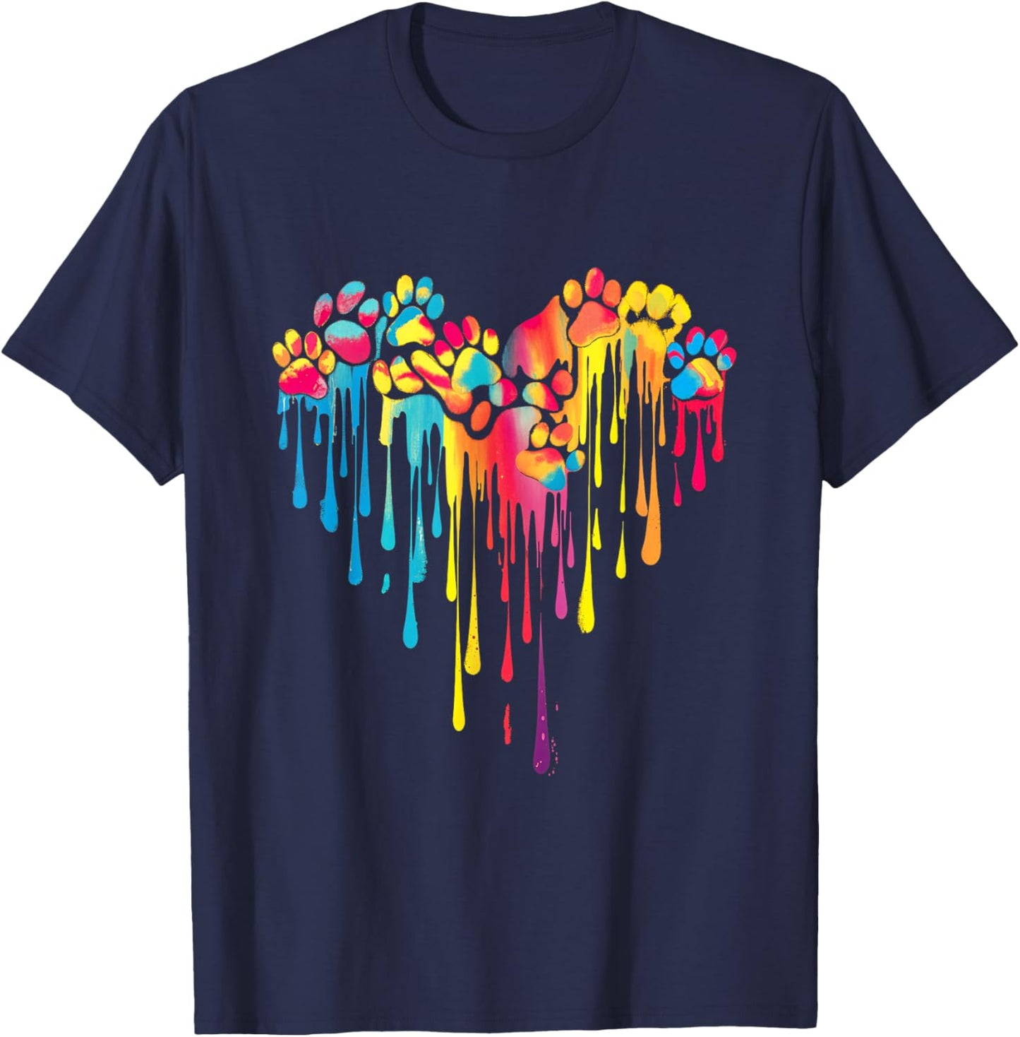 Colorful Paw Print Heart Pet Animal Love T-Shirt - T-Shirt | Navy