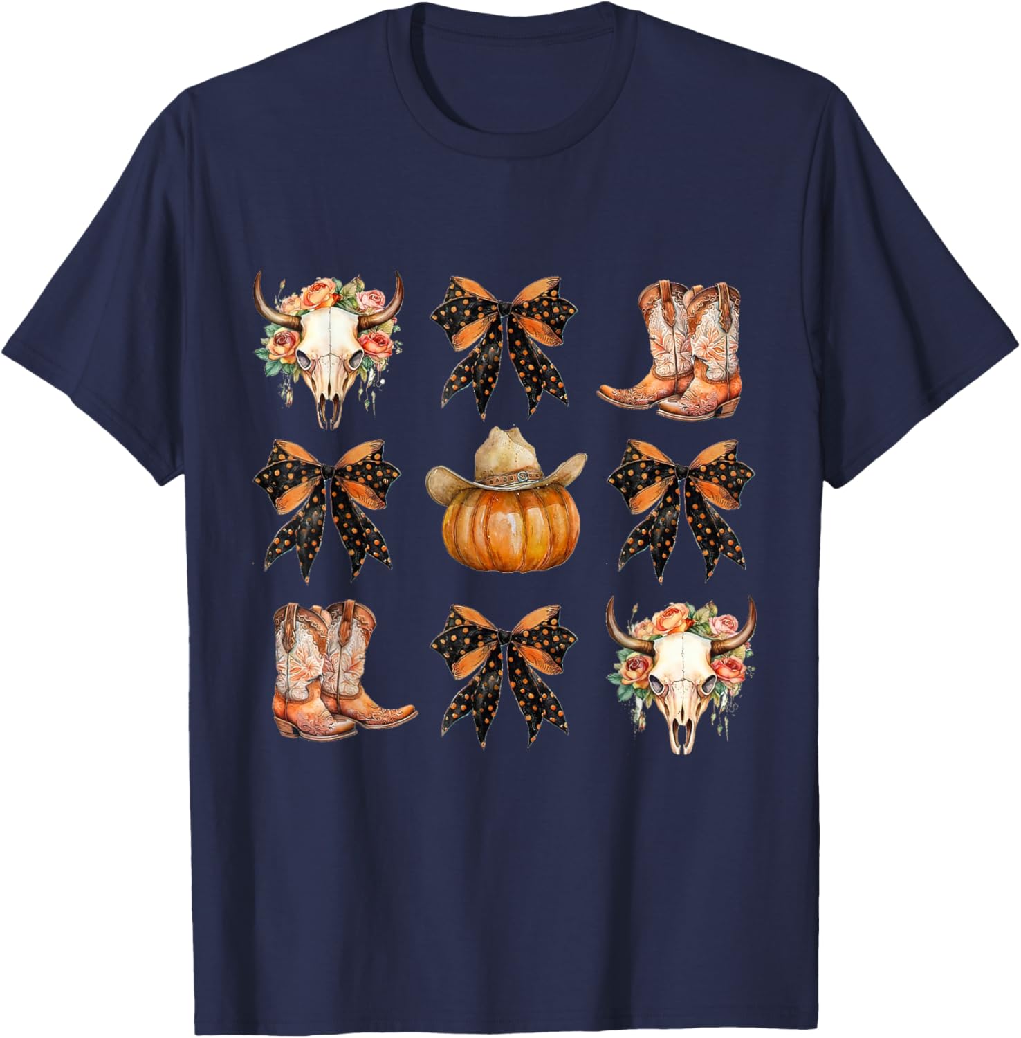 Coquette Bow Halloween, Skull Western Autumn, Howdy Pumpkin T-Shirt - T-Shirt | Navy