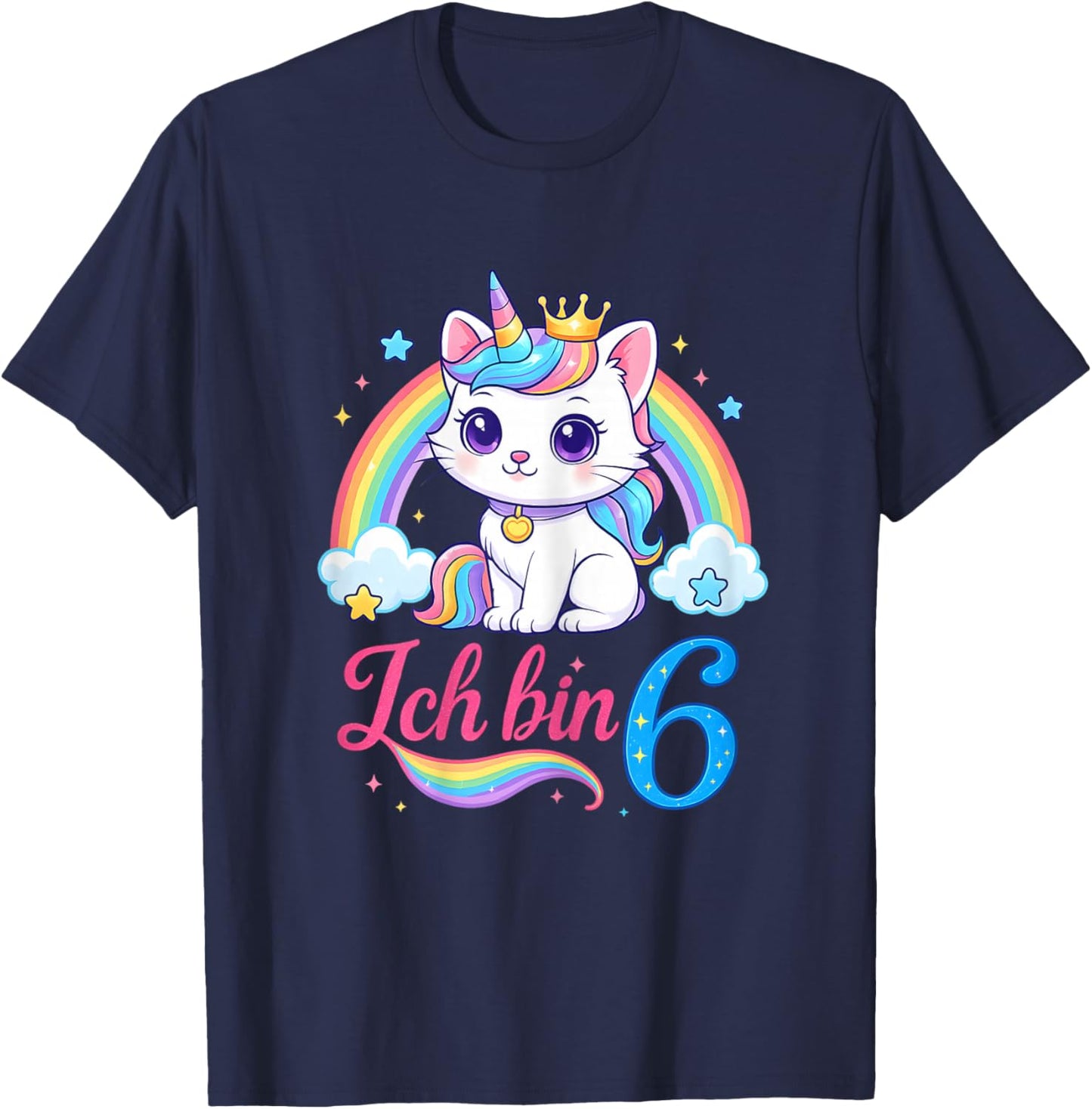 Birthday Shirt 6 Years Girls – Rainbow Unicorn Cat T-Shirt - T-Shirt | Navy