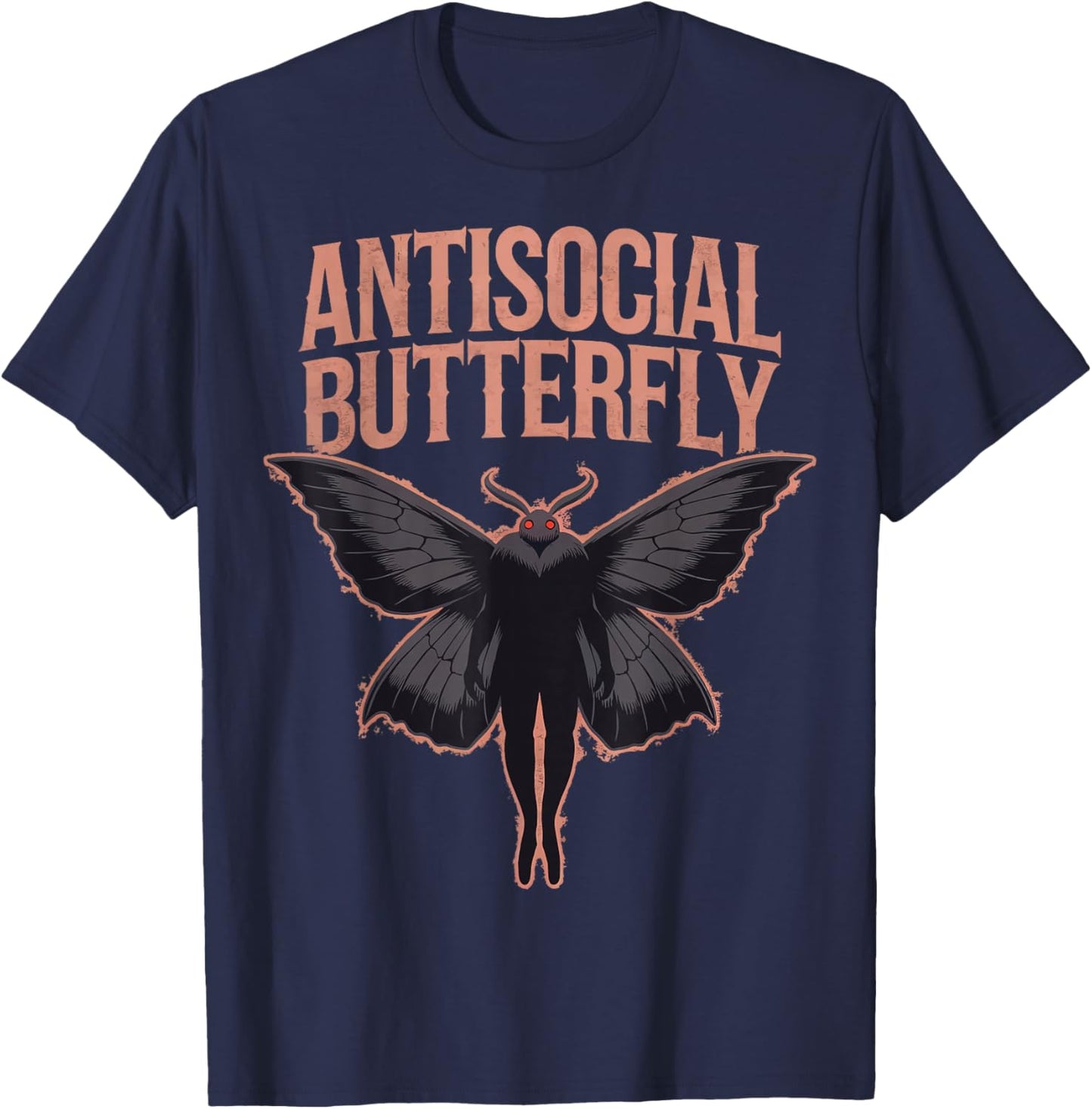 Cryptid Cryptozoology Mothman Introvert -Adults Butterfly Black Small Classic Fit Short Sleeve Polyester 100% Printed Design Blended Fabric T-Shirt - T-Shirt | Navy