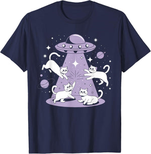 UFO Cat Alien Abduction Alien Cats and Flying Saucer Men Women Girls Kids T-Shirt - T-Shirt | Navy