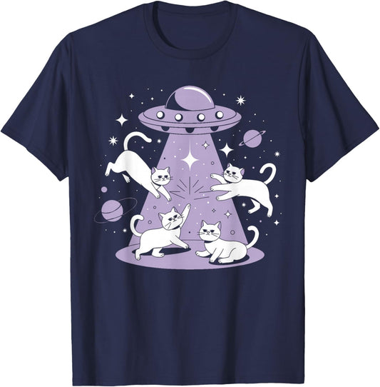 UFO Cat Alien Abduction Alien Cats and Flying Saucer Men Women Girls Kids T-Shirt - T-Shirt | Navy