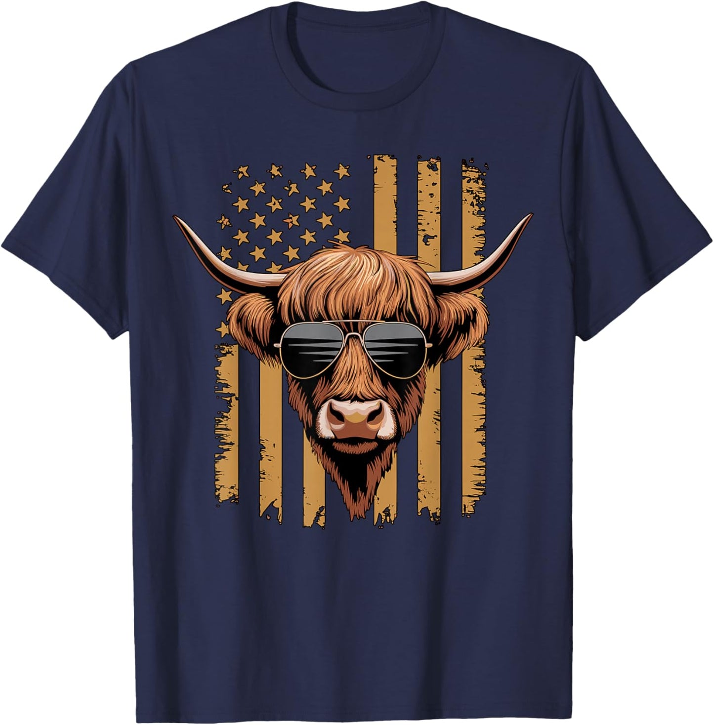 Highland Cow with Sunglasses and American Flag Vintage T-Shirt - T-Shirt | Navy
