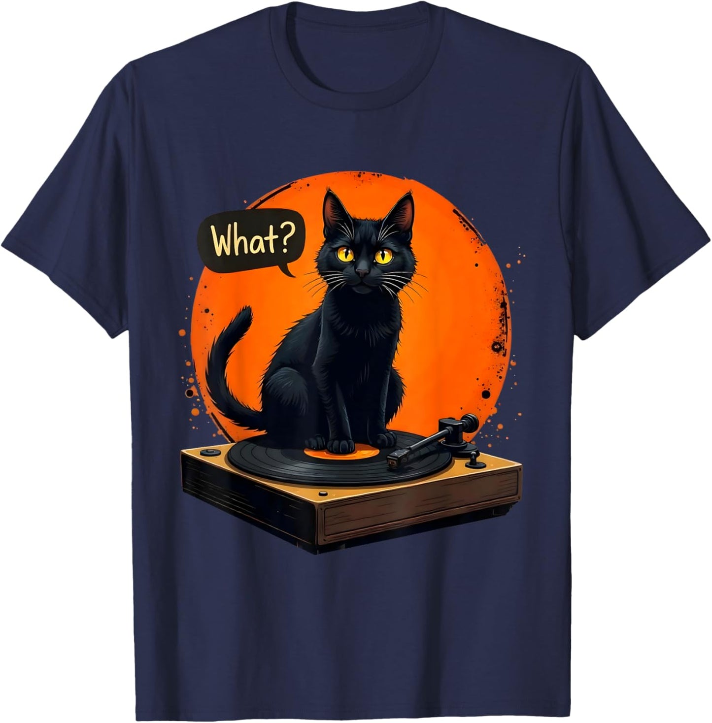 Vinyl Record Black Cat Sitting on Platinum Man Woman , Black, S T-Shirt - T-Shirt | Navy