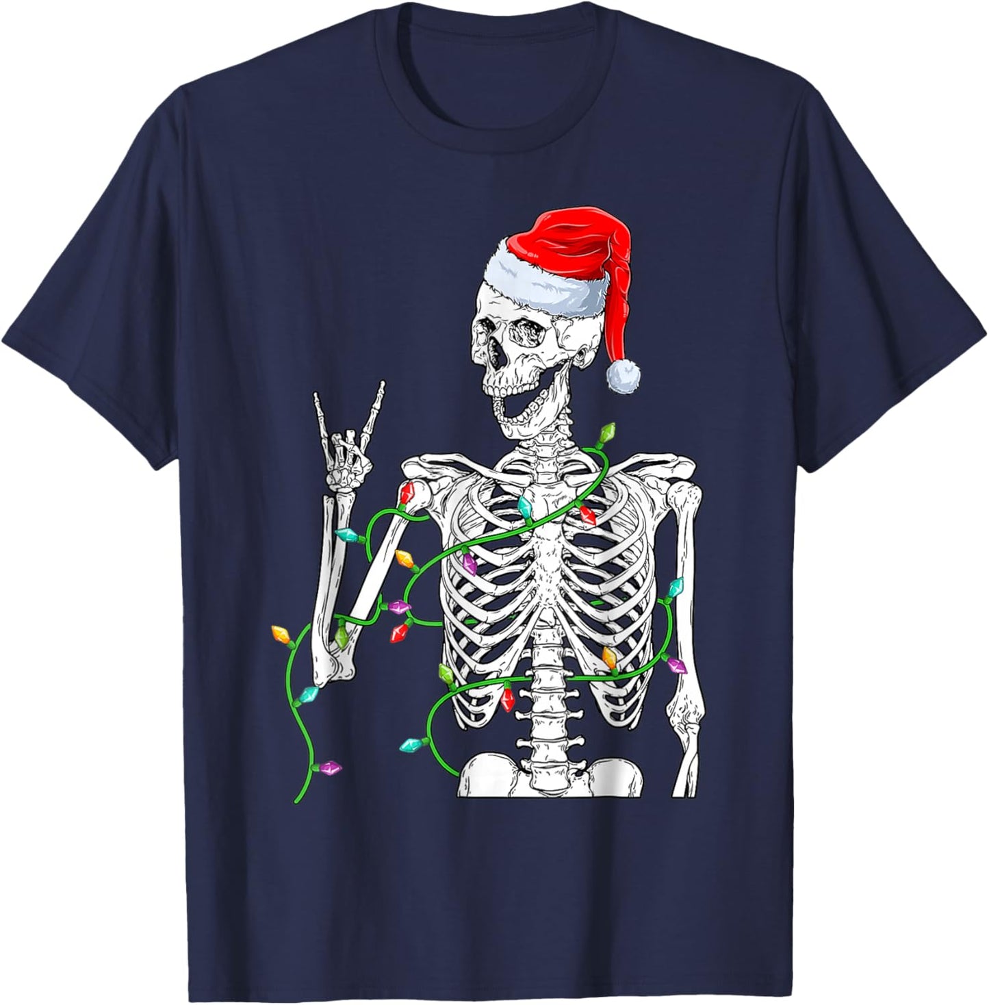 Santa Rocker Skeleton Hand Christmas T-Shirt - T-Shirt | Navy
