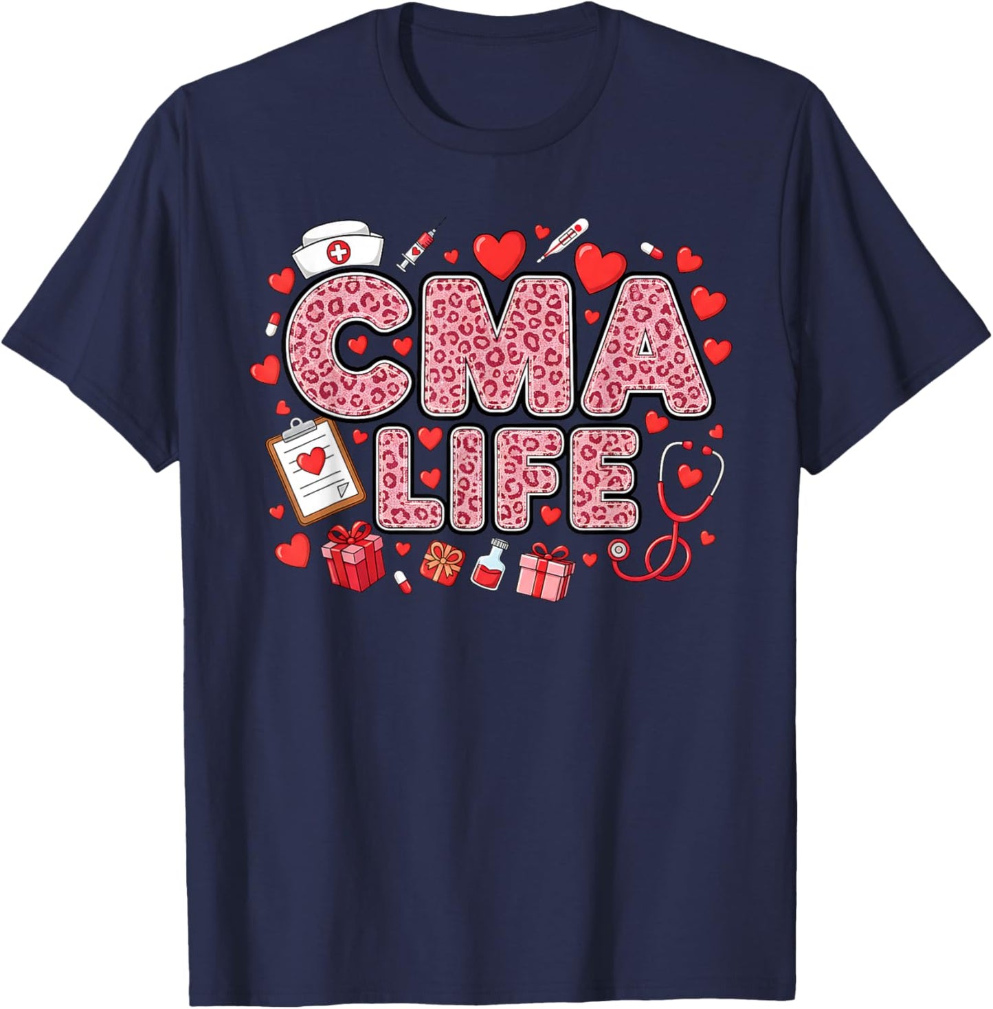 Funny Nurse CMA Life Leopard Stethoscope Valentine's Day T-Shirt - T-Shirt | Navy