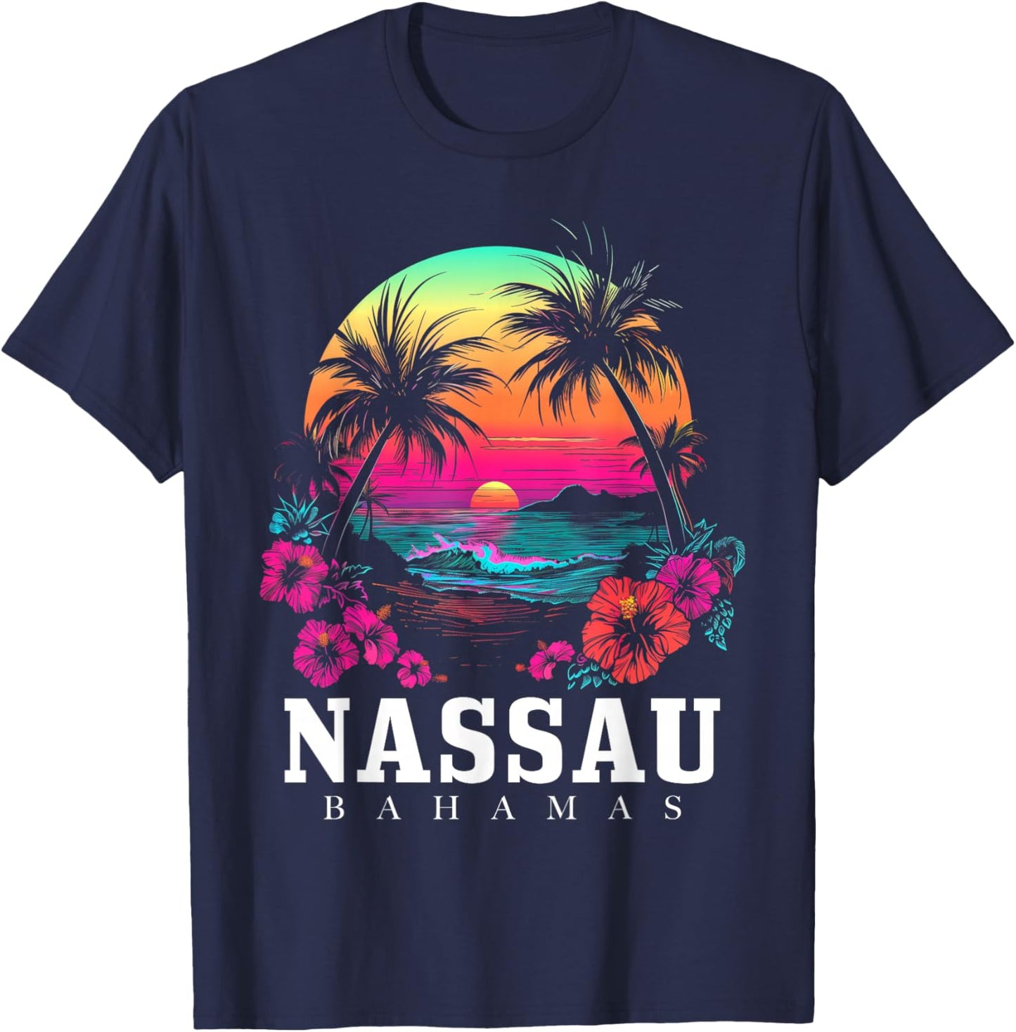 Nassau Bahamas Hibiscus Flowers Beach Surfer Souvenir T-Shirt - T-Shirt | Navy