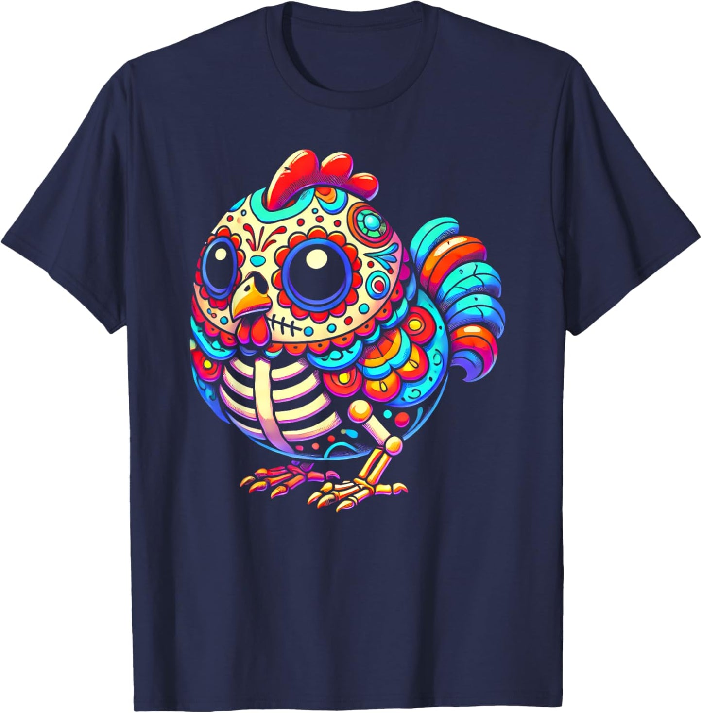 Colorful Sugar Skull Chicken Día de los Muertos Fun Skeleton T-Shirt - T-Shirt | Navy