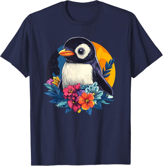Penguin Surrounded By Colorful Flowers T-Shirt - T-Shirt | Navy