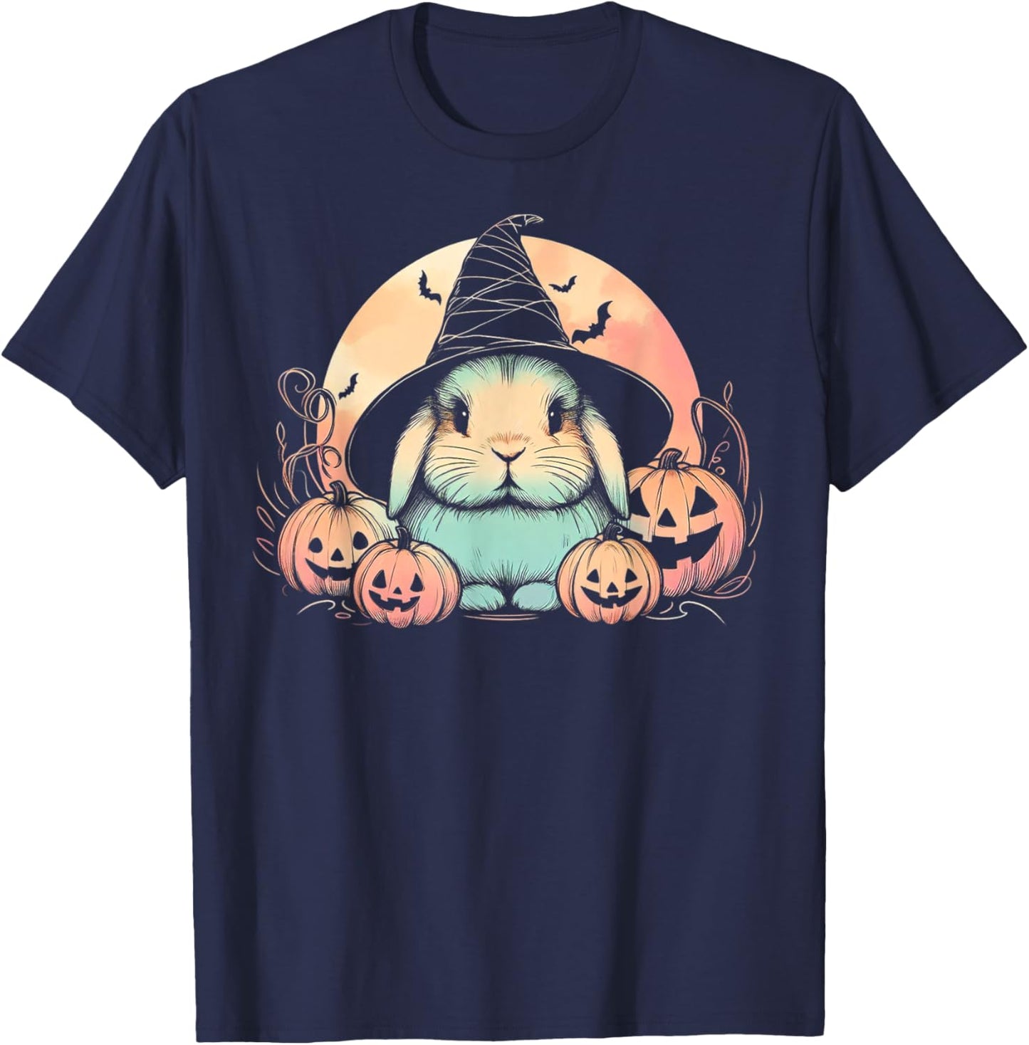 Halloween Witch Rabbit Spooky Holland Lop with Pumpkins Moon T-Shirt - T-Shirt | Navy