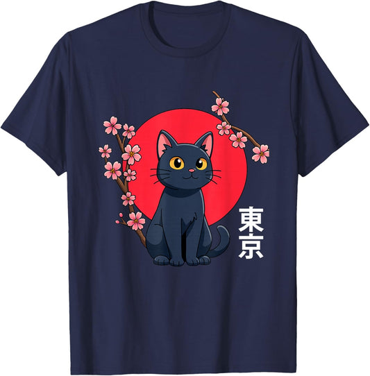 Japanese Kawaii Black Cat And Cherry Blossoms Tokyo Japan T-Shirt - T-Shirt | Navy