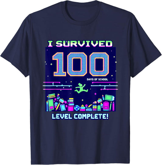 I Survived 100 Days of School Retro Gamer Celebration T-Shirt - T-Shirt | Navy