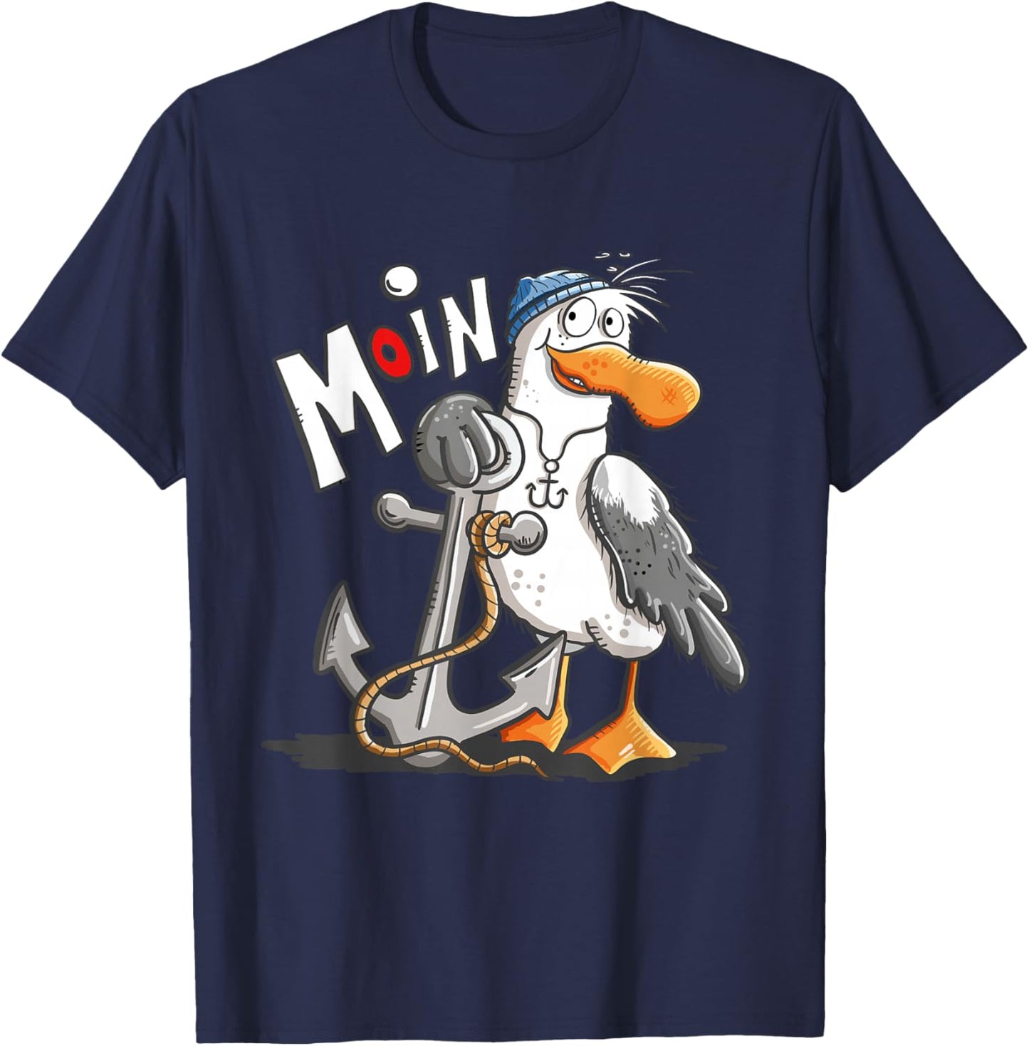 Moin Cartoon Möwe mit Anker Lustiges Maritimes Küsten Motiv T-Shirt - T-Shirt | Navy