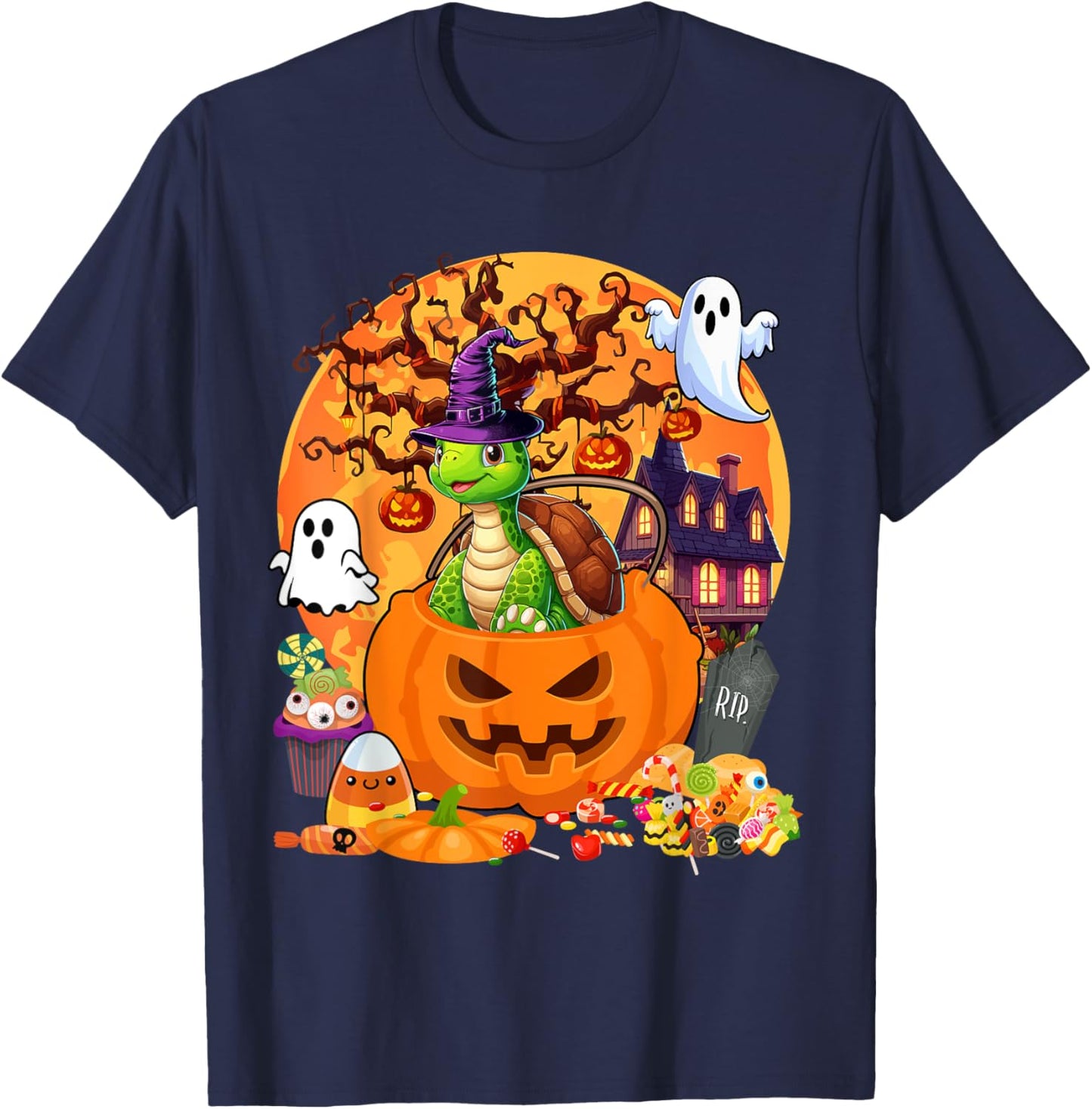 Turtle Cosplay Witch In Carved Pumpkin Basket Halloween T-Shirt - T-Shirt | Navy