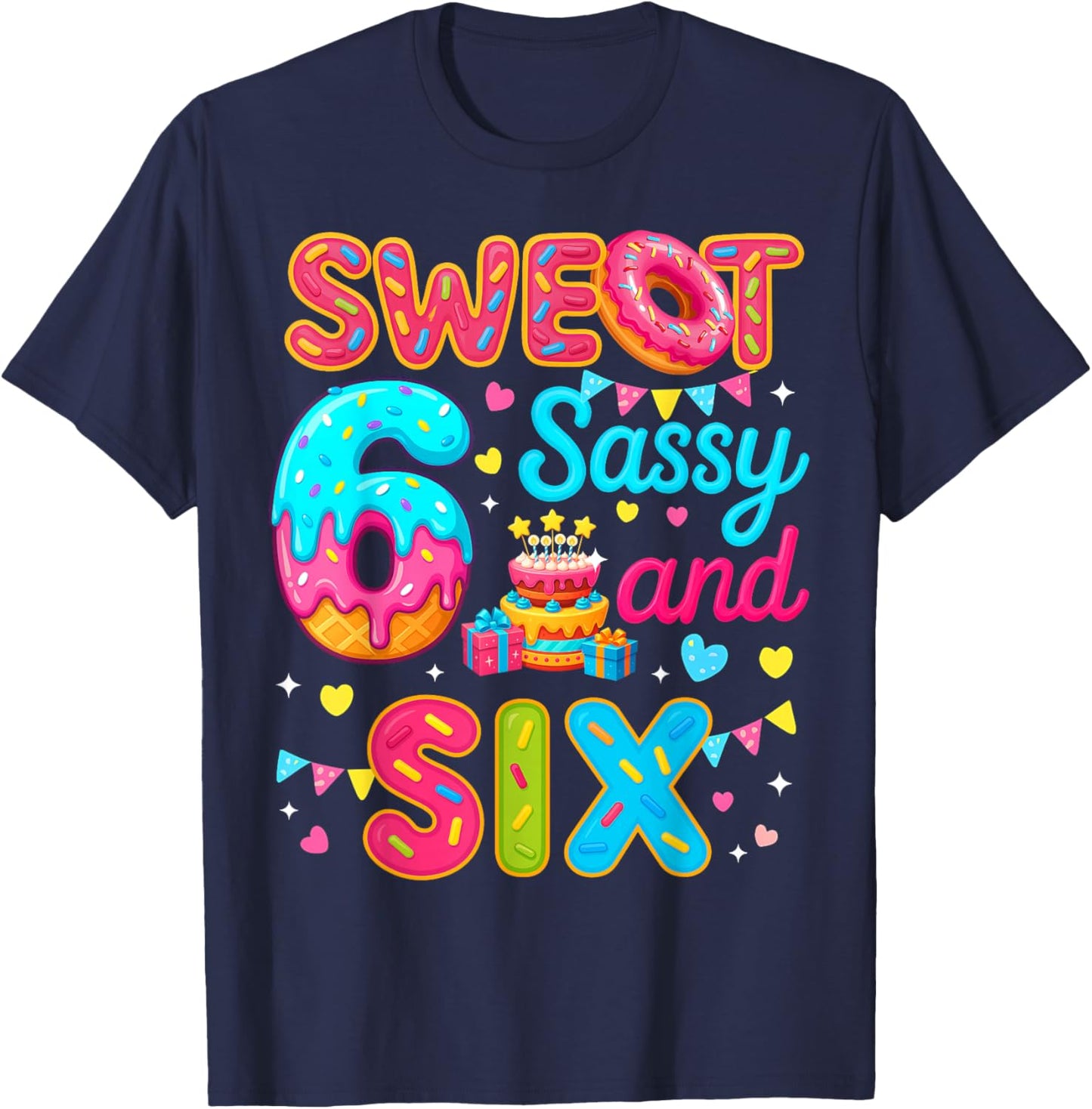 Sweet Sassy and Six Birthday Kids Girl Donut 6th Birthday T-Shirt - T-Shirt | Navy