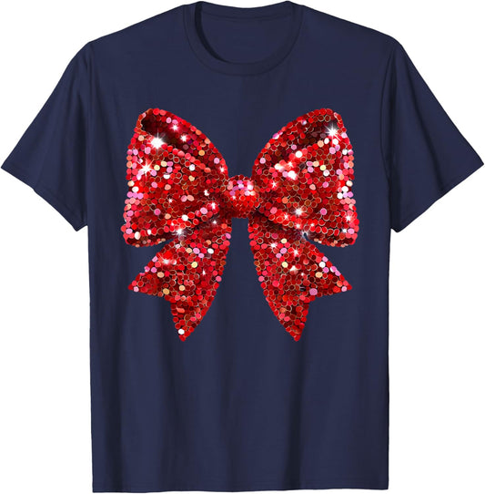 Red Coquette Bow Disco Ball Christmas Holiday Women Girl Kid T-Shirt - T-Shirt | Navy
