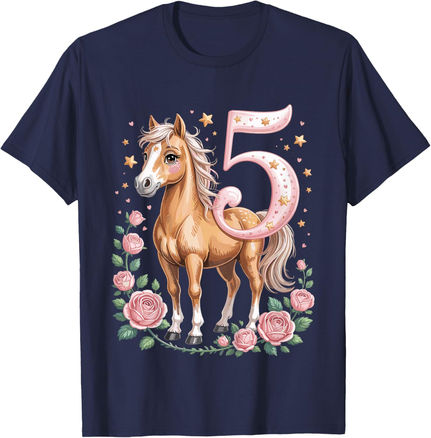 5th Birthday Horse Girl 5 Years Horses Decoration Riding Pony T-Shirt - T-Shirt | Navy