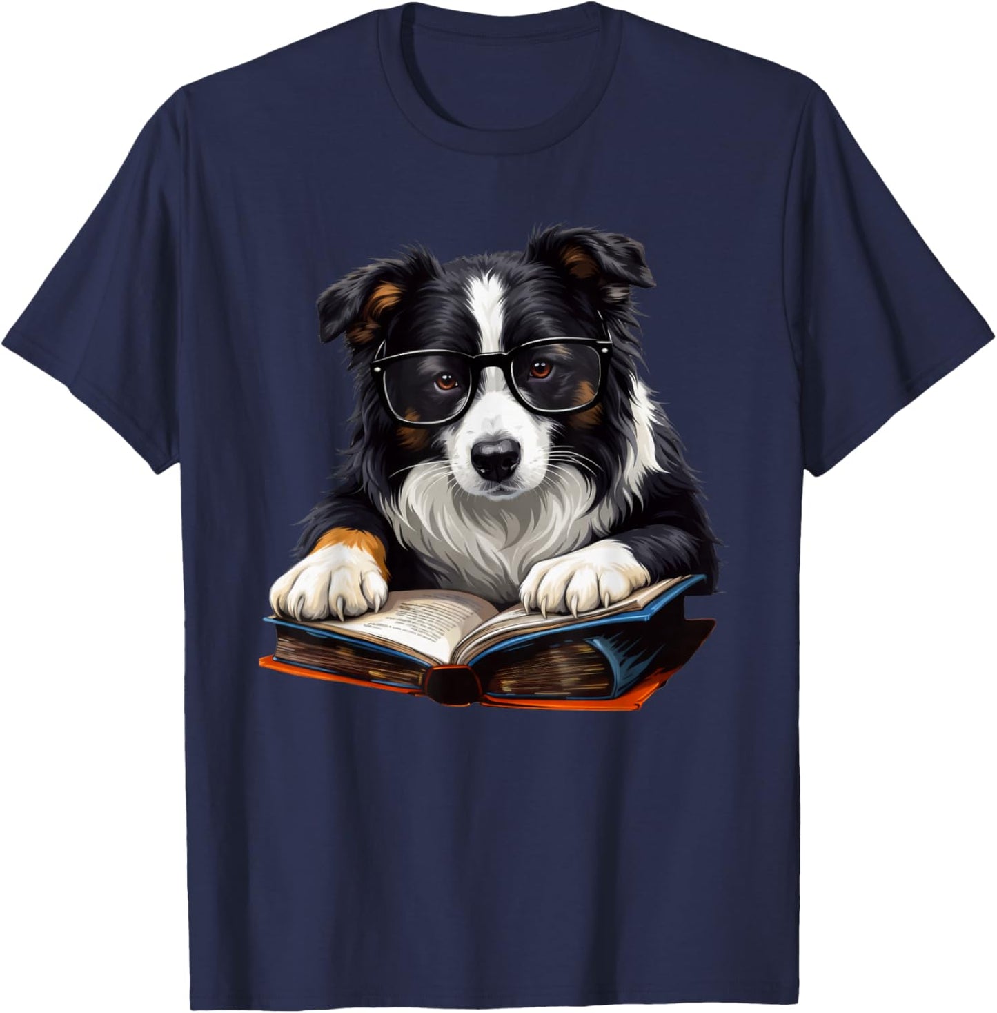Cute Dog Border Collie Reading Book T-Shirt - T-Shirt | Navy