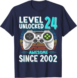 Cadeau 24 Anniversaire 24 Ans Gamer Niveau 24 Débloqué 2002 T-Shirt - T-Shirt | Navy