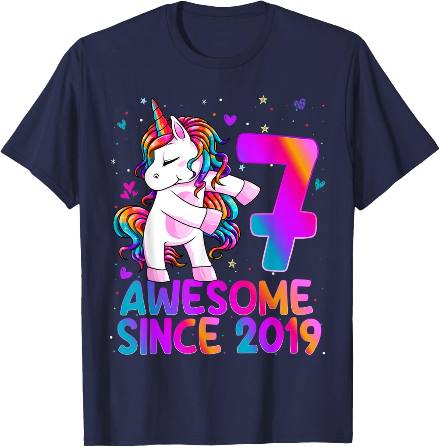 7 Year Old Girl Awesome Since 2019 Unicorn 7th Birthday Girl T-Shirt - T-Shirt | Navy