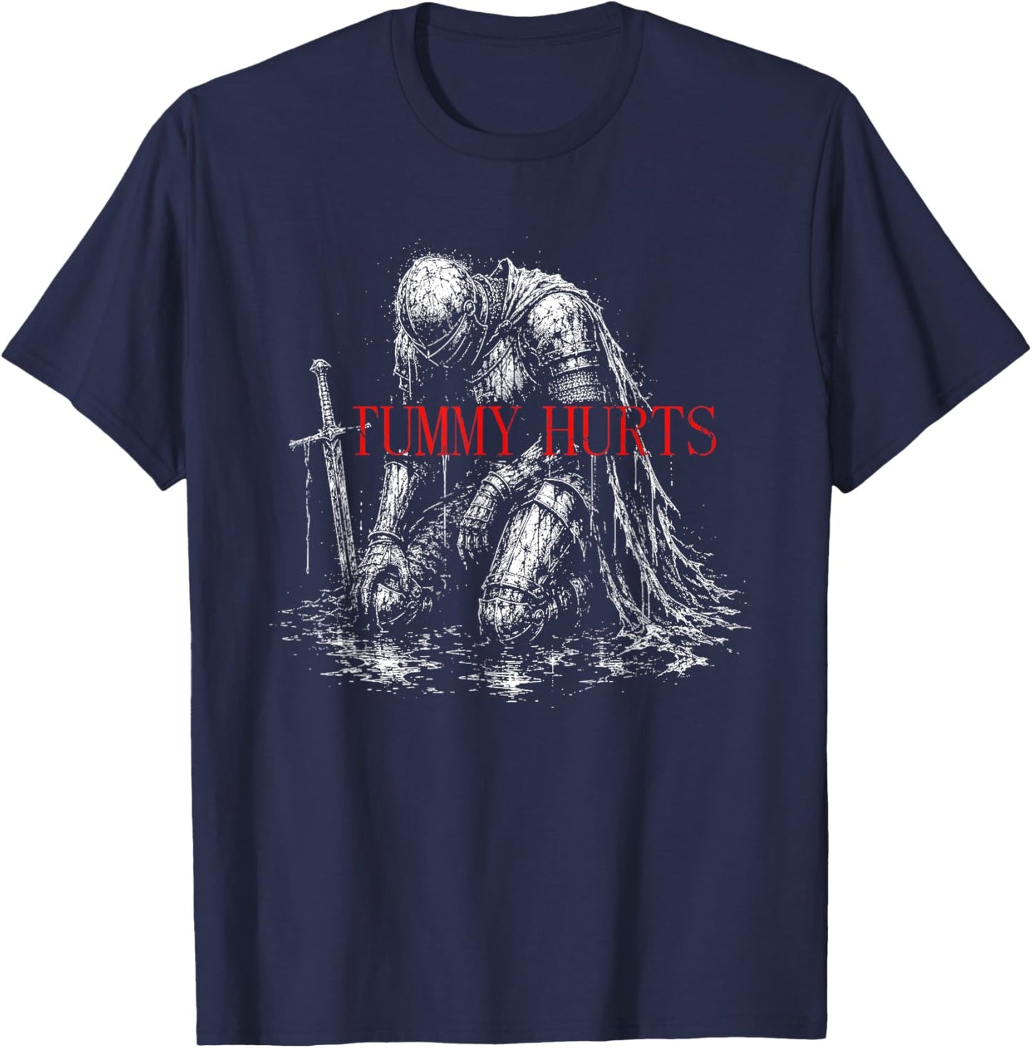 Tummy Hurts Funny Medieval Knight Dark Humor Art T-Shirt - T-Shirt | Navy