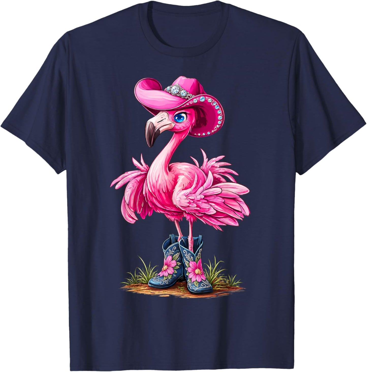 Pink Flamingo Tropical Bird Western Country Cowgirl Boots T-Shirt - T-Shirt | Navy