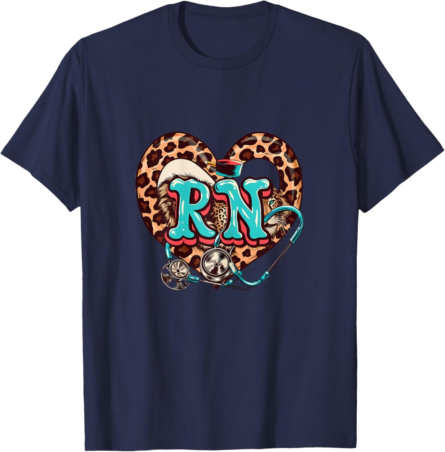 RN Registered Nurse Stethoscope Medical Heart Leopard T-Shirt - T-Shirt | Navy