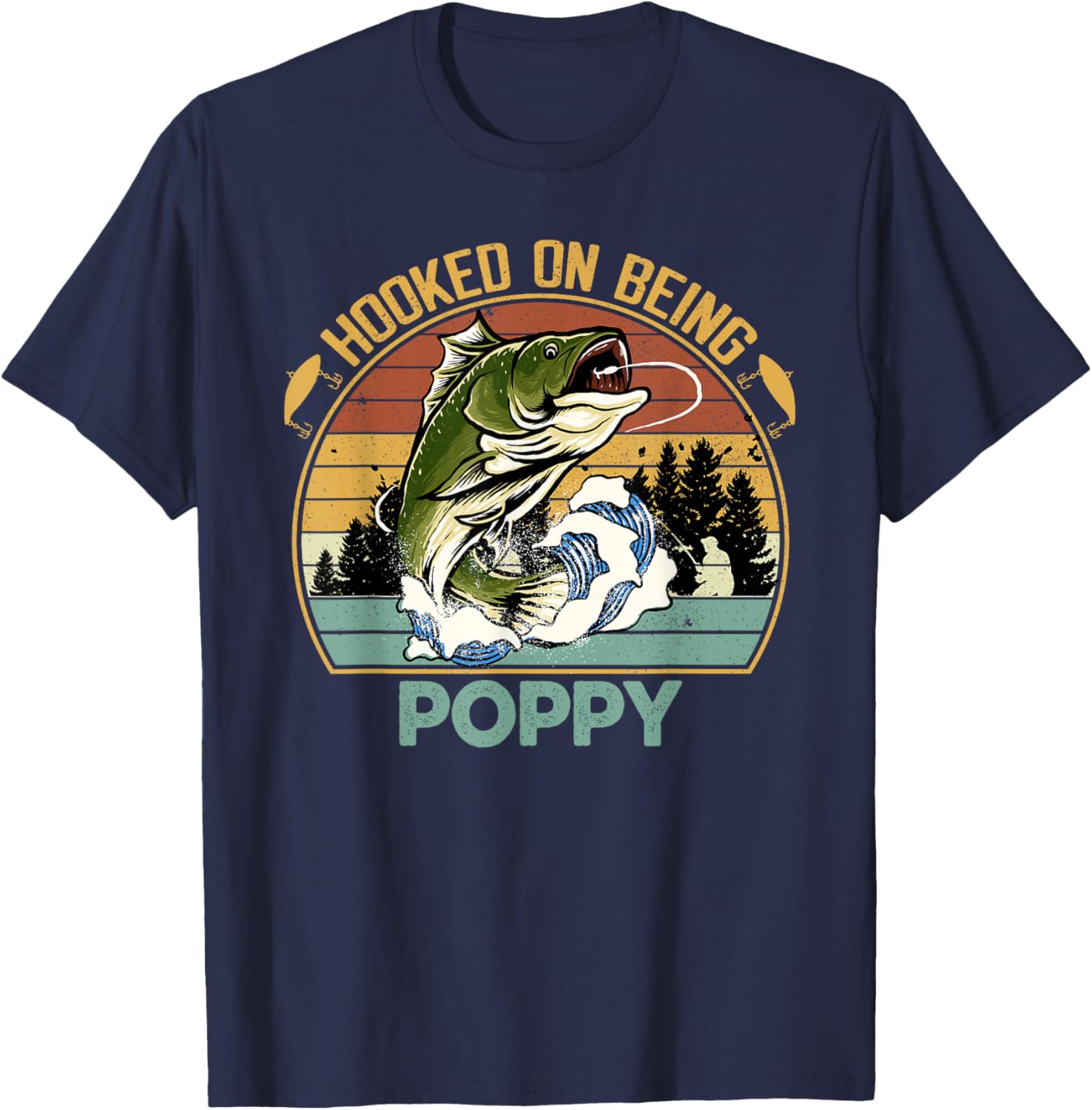 Vintage Hooked On Being Poppy Father's Day Fishing T-Shirt - T-Shirt | Navy