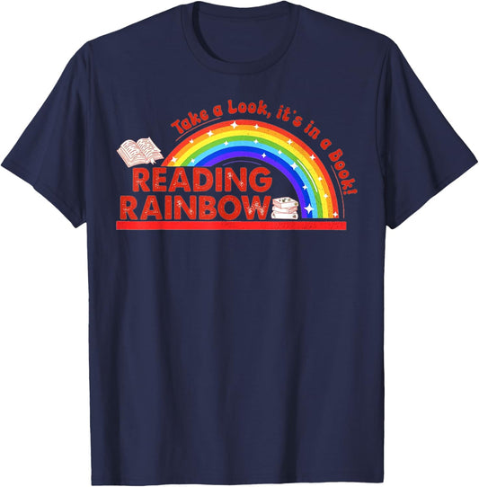 Retro Rainbow Take A Look It's In A Book Reading Bookworm T-Shirt - T-Shirt | Navy