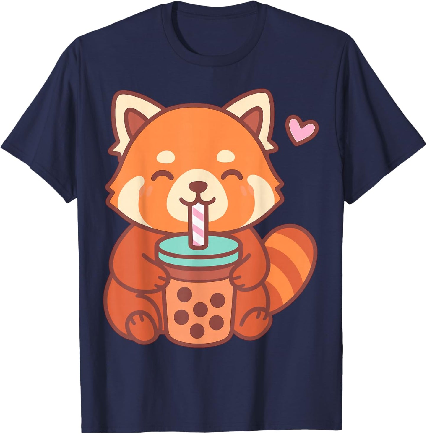 Kawaii Red Panda Drinking Boba Bubble Tea T-Shirt - T-Shirt | Navy