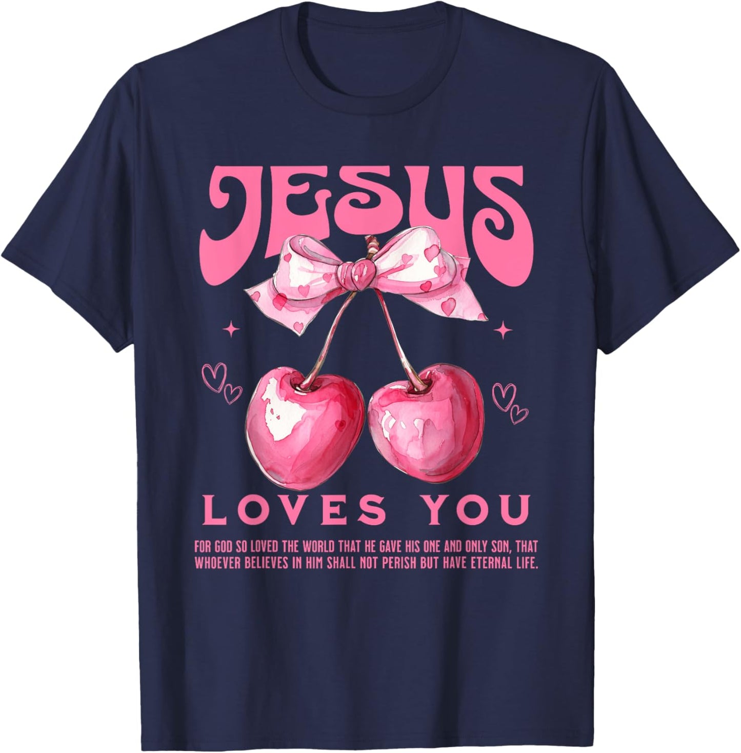 Crochet Pink Cherry Bow Bible Verse Jesus Coquette Christian T-Shirt - T-Shirt | Navy