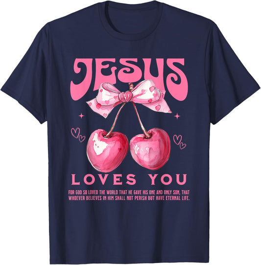 Crochet Pink Cherry Bow Bible Verse Jesus Coquette Christian T-Shirt - T-Shirt | Navy