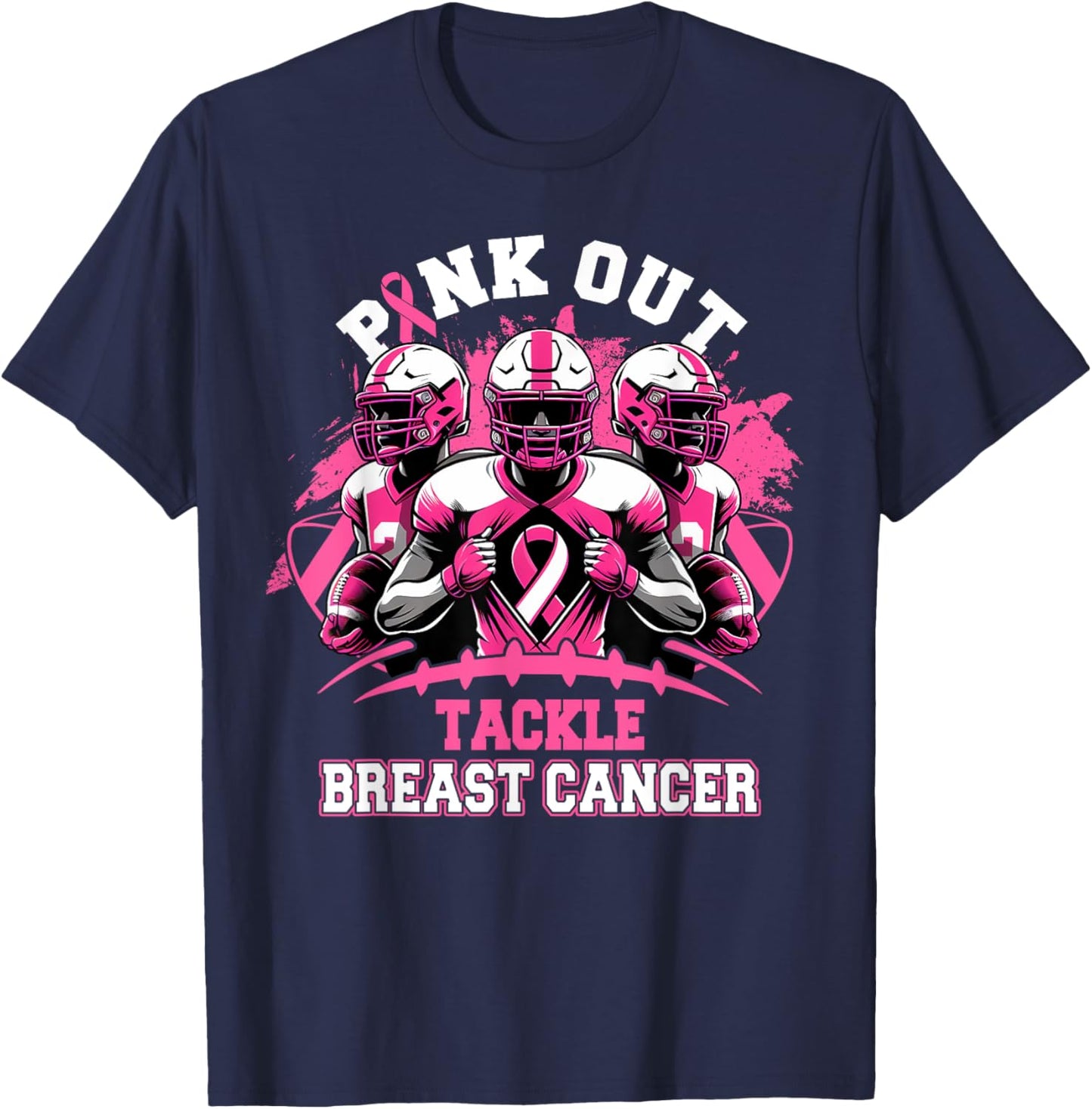 Pink Out Tackle Breast Cancer Awareness Football Pink Ribbon T-Shirt - T-Shirt | Navy