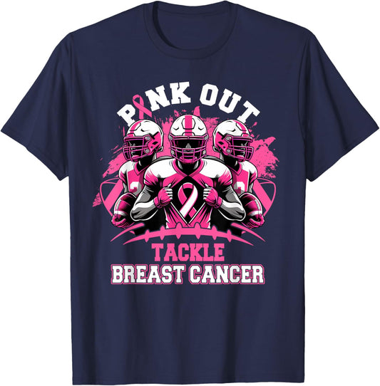 Pink Out Tackle Breast Cancer Awareness Football Pink Ribbon T-Shirt - T-Shirt | Navy