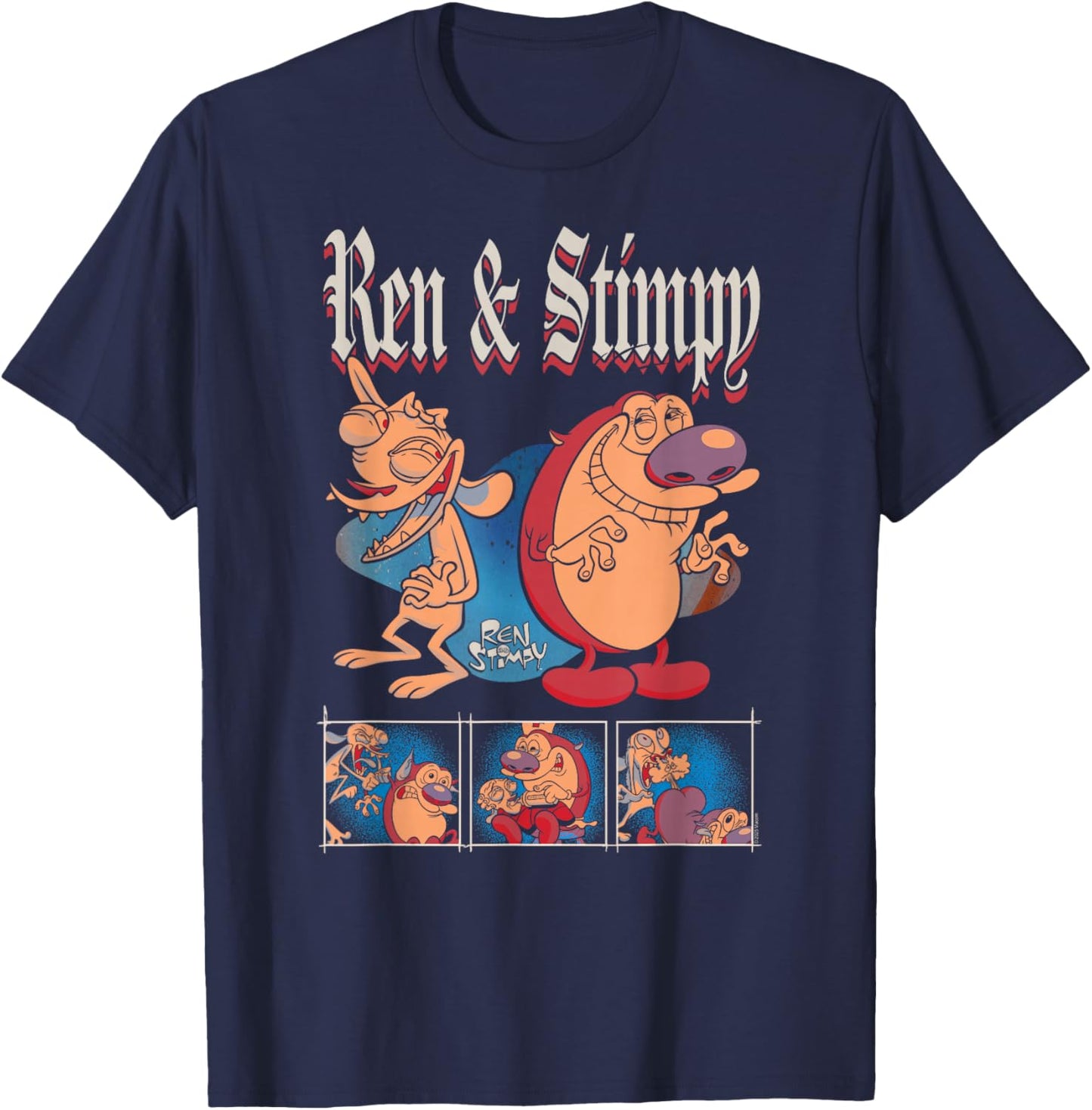 Ren and Stimpy Old English Retro Characters Funny Cartoon T-Shirt - T-Shirt | Navy