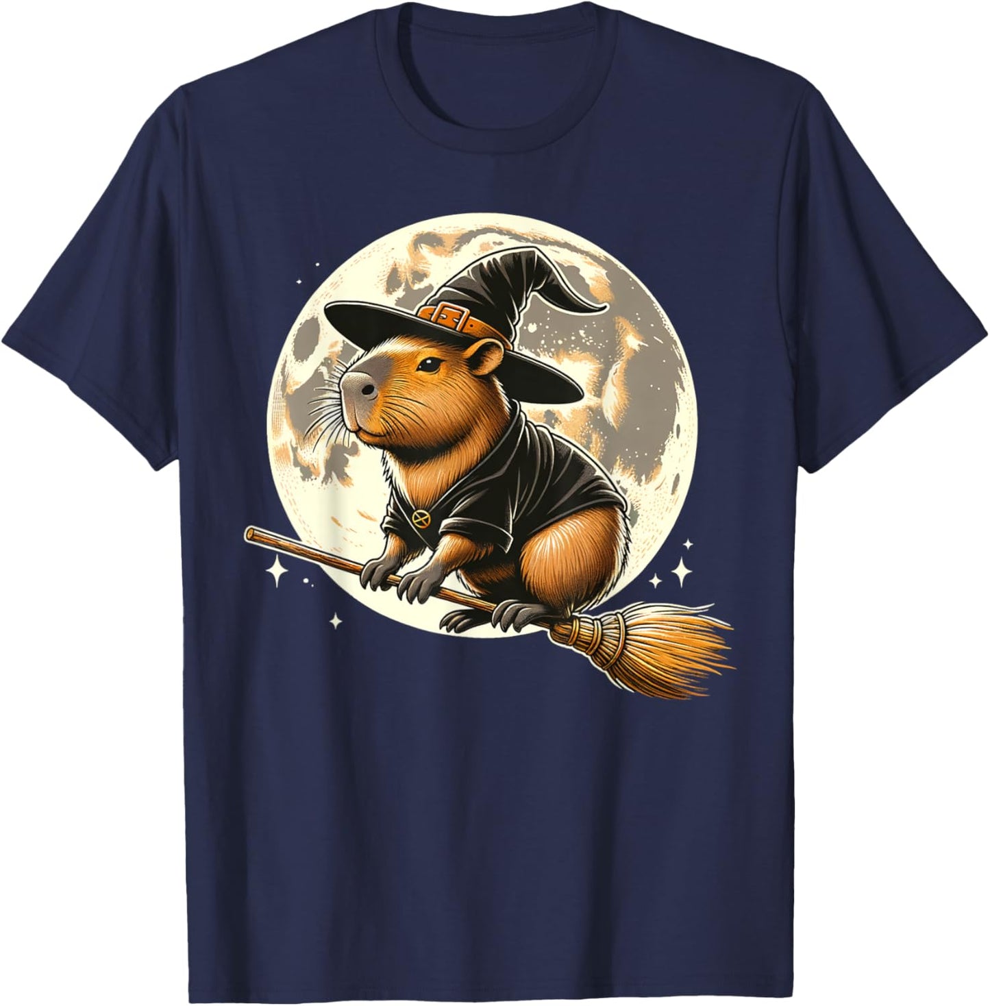 Funny Capybara Rides a Witch's Broom Halloween Spooky Vides T-Shirt - T-Shirt | Navy