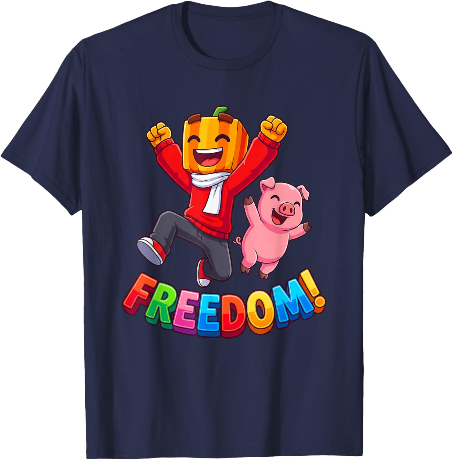 Freedom Kürbis Junge Rosa Schwein Kawaii Cartoon T-Shirt - T-Shirt | Navy