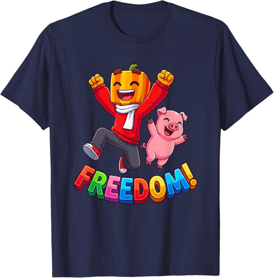 Freedom Kürbis Junge Rosa Schwein Kawaii Cartoon T-Shirt - T-Shirt | Navy