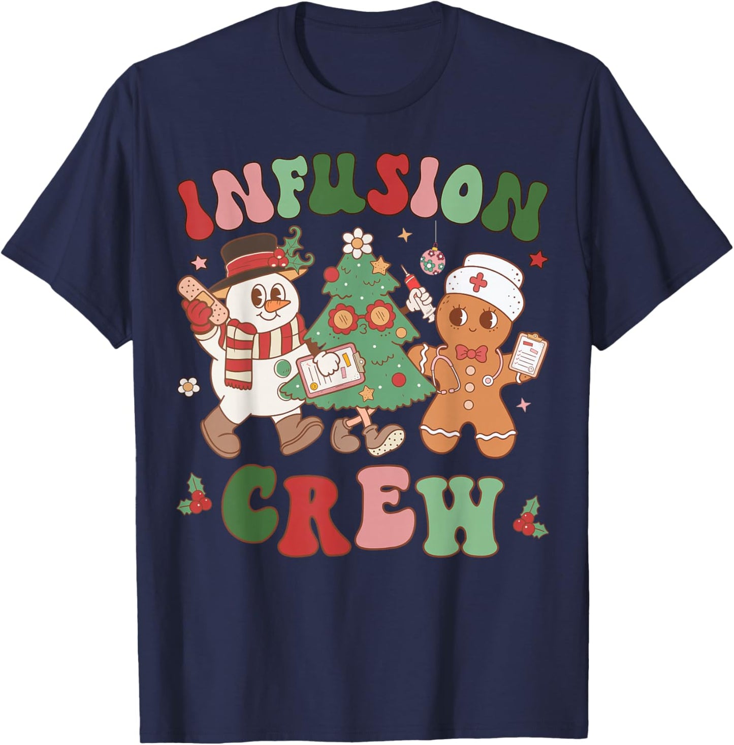 Retro Infusion Nurse Crew Christmas Chemotherapy Nursing T-Shirt - T-Shirt | Navy