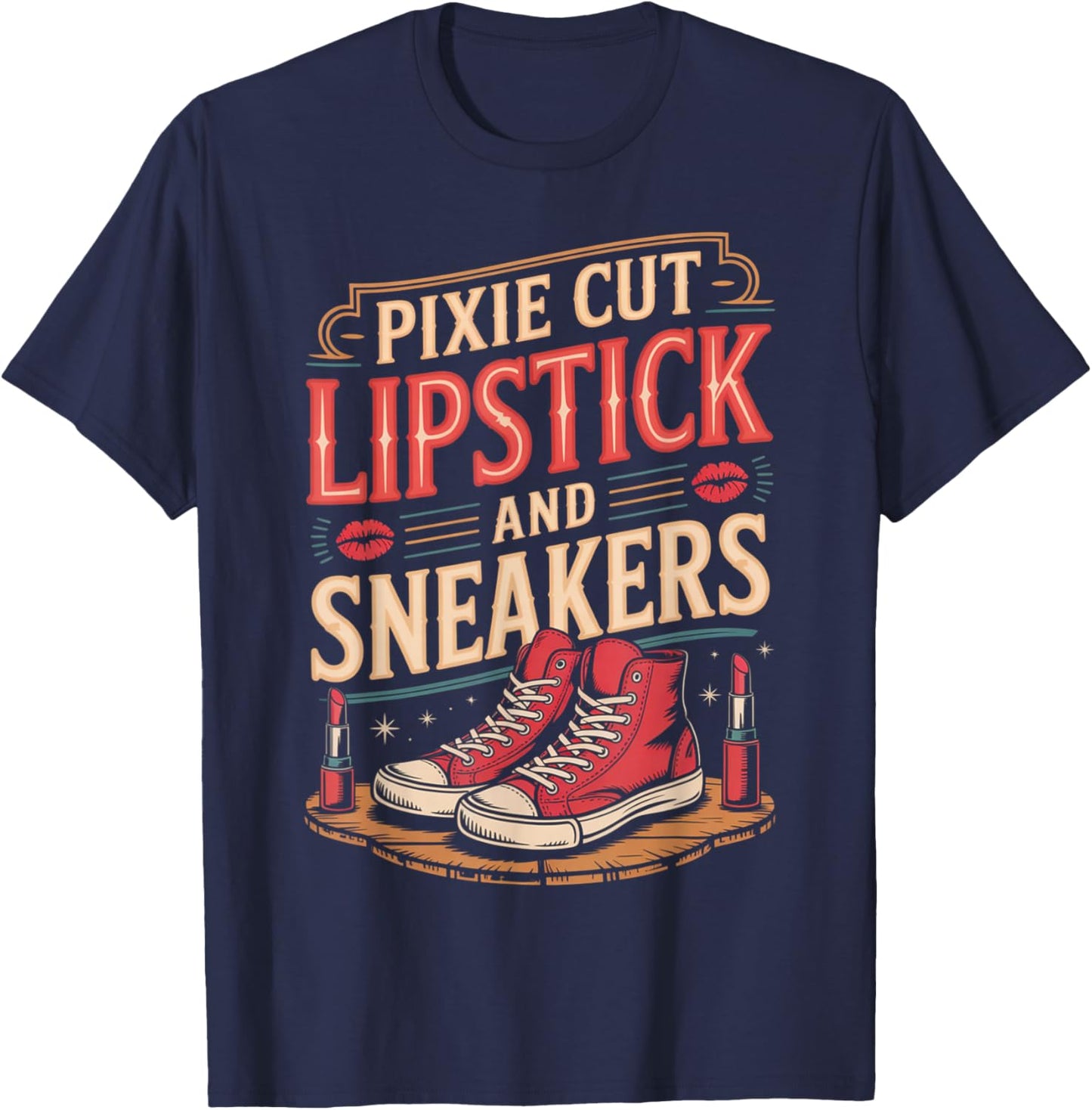 Pixie Cut Lipstick and Sneakers Short Hair Style T-Shirt - T-Shirt | Navy