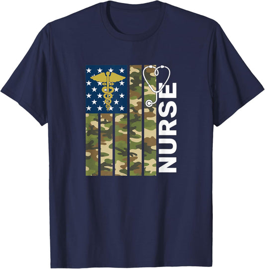 Nurse Camo American Flag Stethoscope Military Veteran Nurse T-Shirt - T-Shirt | Navy