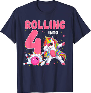 Rolling Into 4 4th Birthday Unicorn Bowling 4 Year Old T-Shirt - T-Shirt | Navy