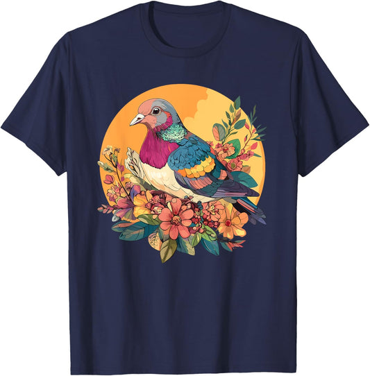 Vibrant Bird Among Blossoms T-Shirt - T-Shirt | Navy
