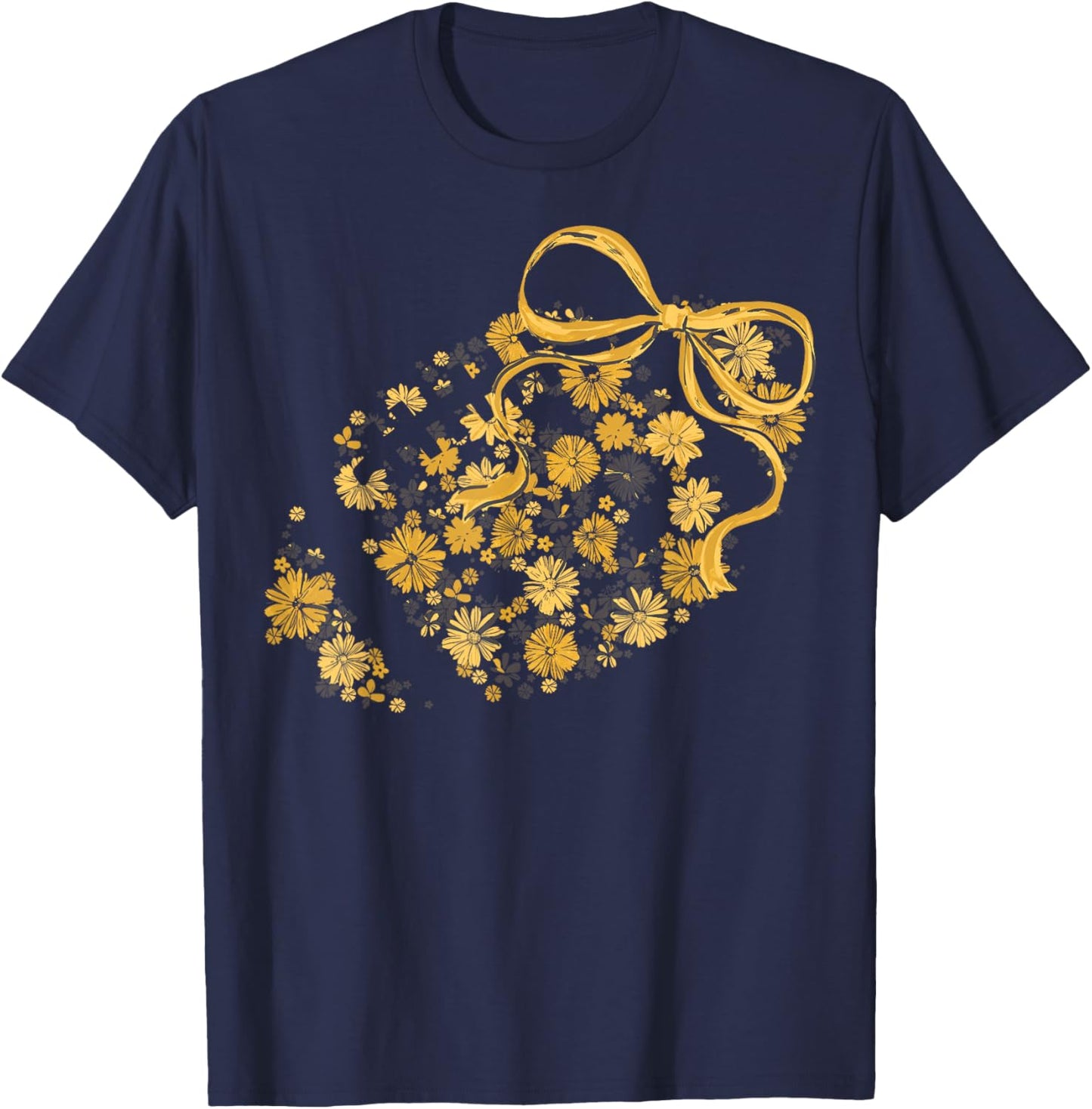 Floral Football Game Day Coquette Team Spirit Gold & Black T-Shirt - T-Shirt | Navy