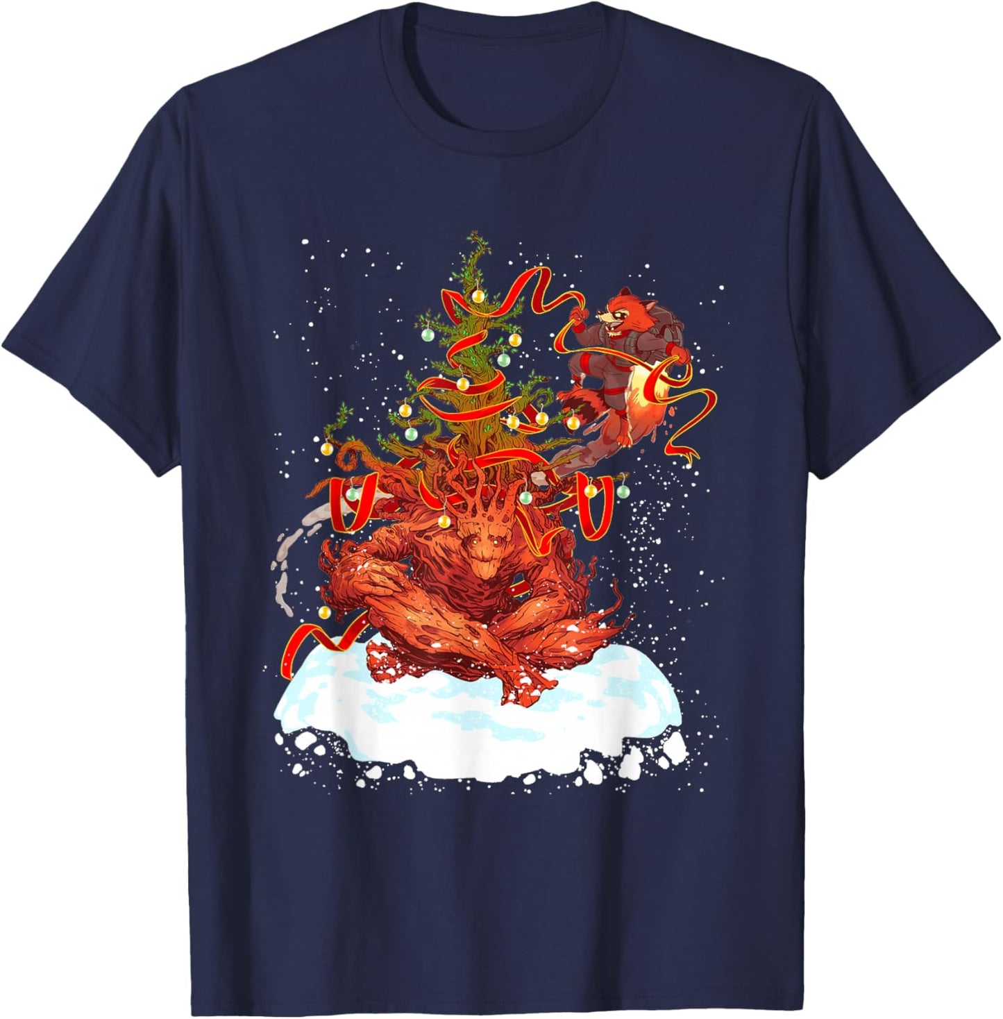 Marvel Rocket and Groot Holiday Christmas Tree Guardians T-Shirt - T-Shirt | Navy