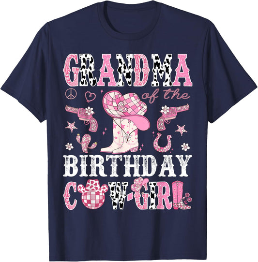 Grandma Of The Birthday Cow-Girl Pink Disco Rodeo Western T-Shirt - T-Shirt | Navy