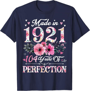 104 Year Old Made In 1921 Floral 104th Birthday Gift Women T-Shirt - T-Shirt | Navy